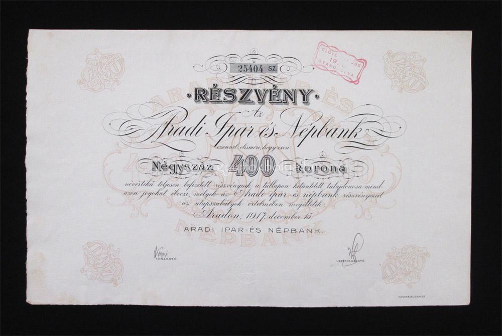 Aradi Ipar és Népbank részvény 400 korona 1917 (ROU)